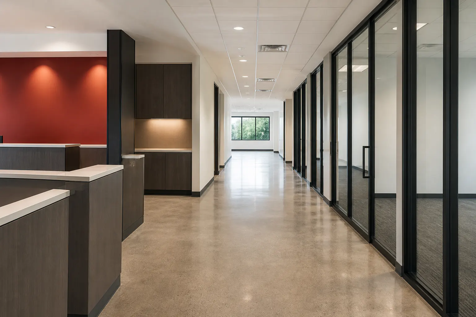 People-free completed commercial interior with glass, millwork, fixtures, and finished flooring